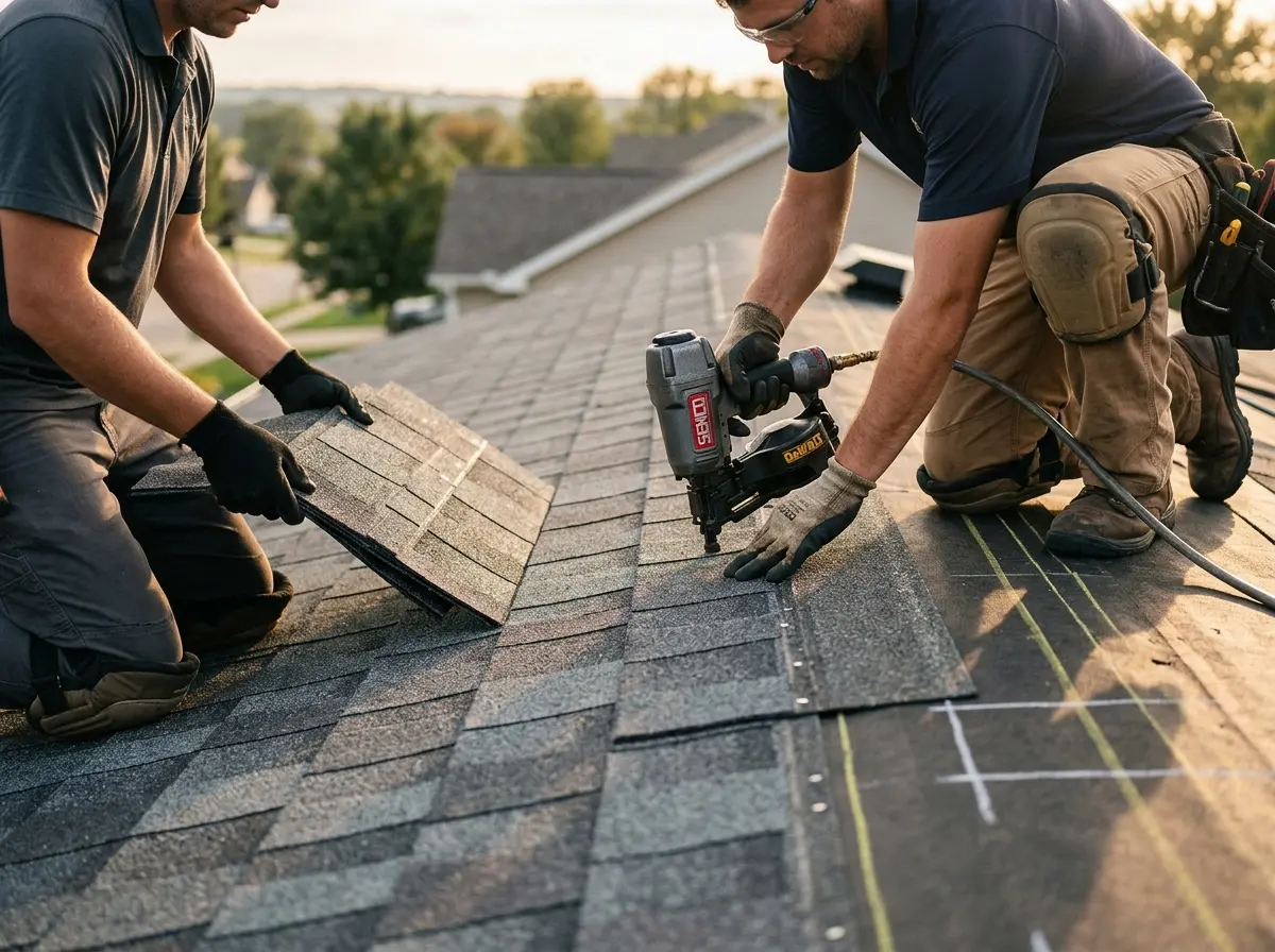 Professional roofer working on a residential roof in Vidor
